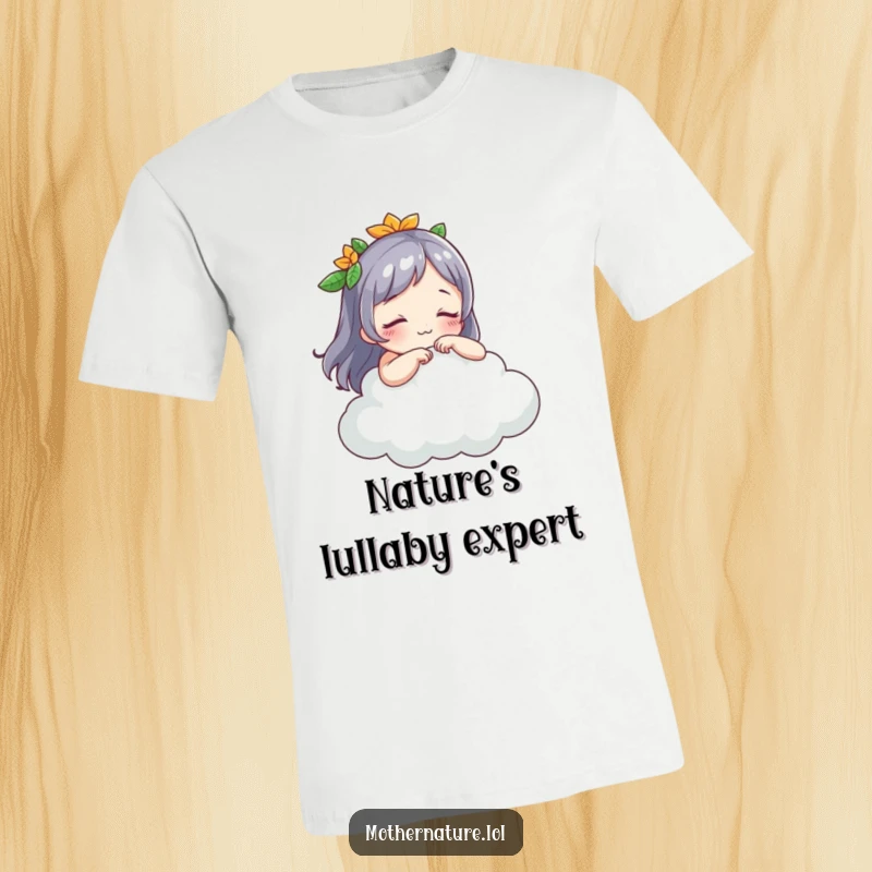 Funny Mother Nature t-shirt, playful character gently tickling a sleeping cloud, whimsical nature design, ideal for nature lovers.