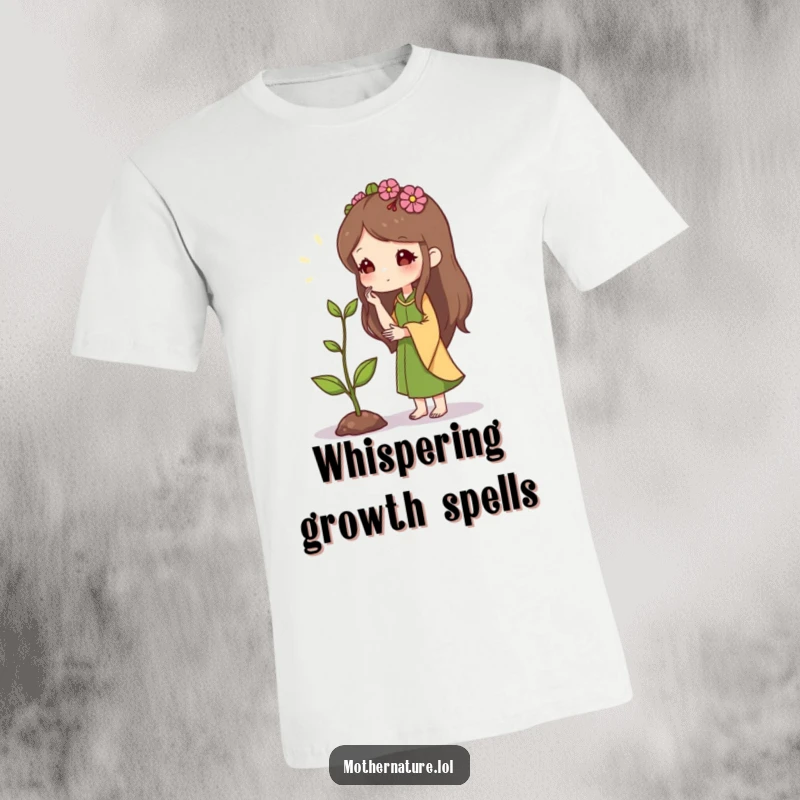 Mother Nature T-Shirt: Gentle character nurturing a small sprout, representing encouragement and growth. An inspiring and soft gift.