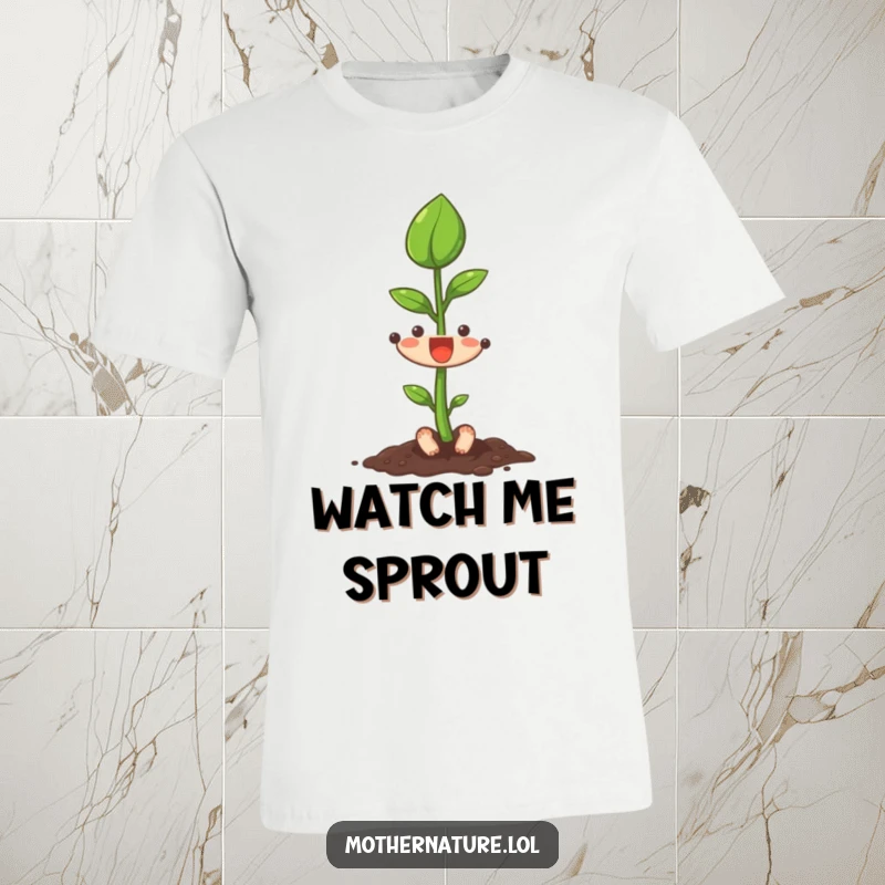 Funny, tiny seedling character energetically stretching its first leaf upwards, representing aspiration and growth.