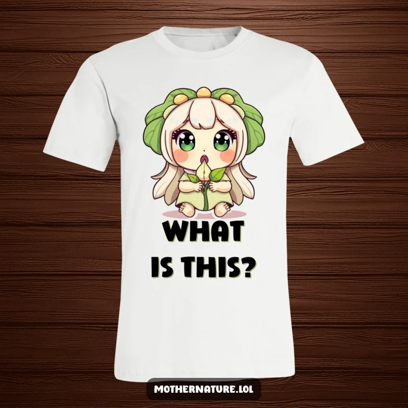 Funny t-shirt graphic of Mother Nature with wide, surprised eyes, holding a small sprouting seed, showing astonishment.