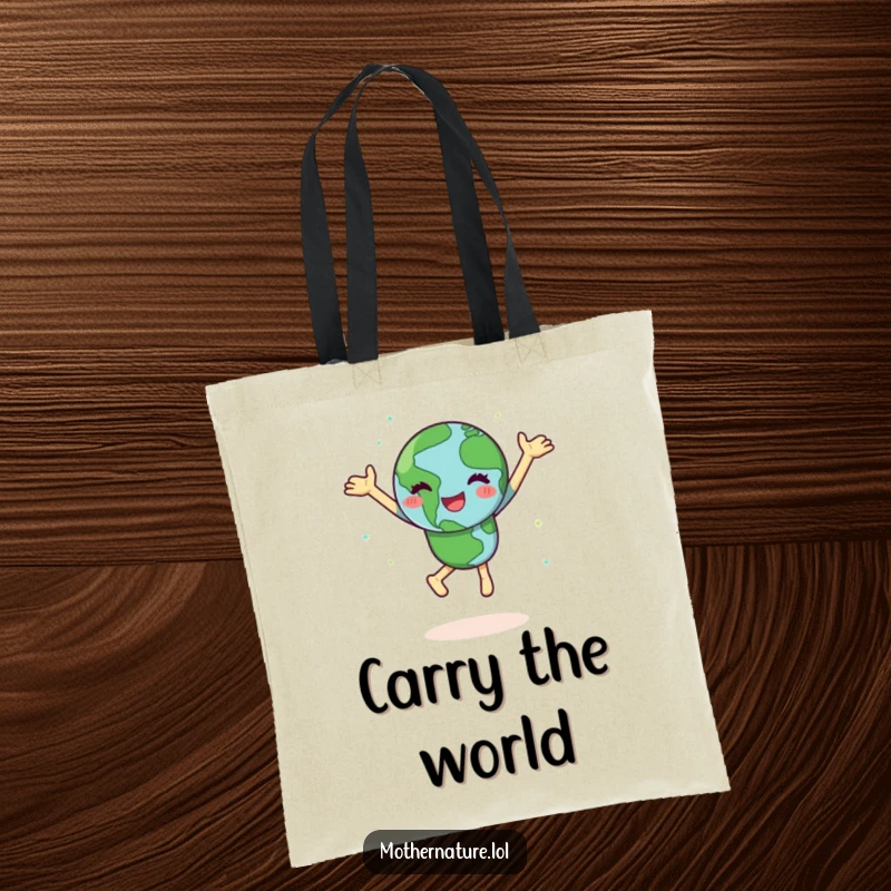 Funny Earth tote bag with a happy character doing a joyful dance, spinning with green continents, perfect for carrying everyday items.