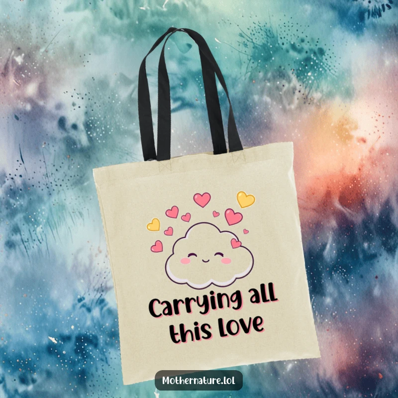 Funny Tote Bag with a tiny, cute cloud character giggling as it rains colorful, bouncing hearts, a sweet and humorous accessory.