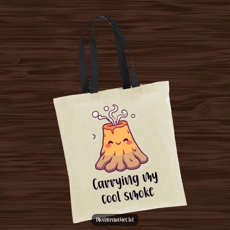 Funny volcano character puffing smoke rings on a durable tote bag, perfect for cheerful, casual use.