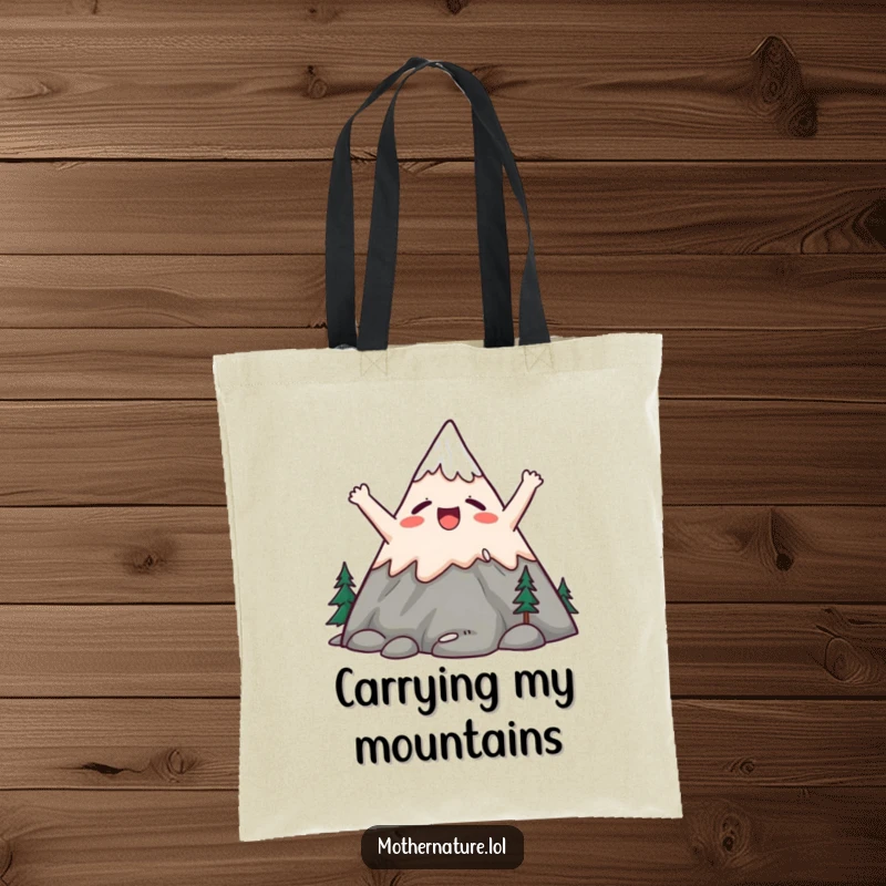 Funny tote bag illustrating a cute mountain character stretching its peaks upwards with a big, satisfied yawn.