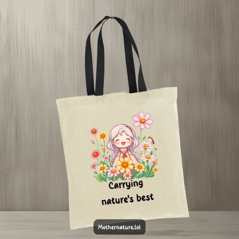Mother Nature Tote Bag: Smiling character surrounded by abundant, oversized wildflowers. Stylish and a thoughtful gift.