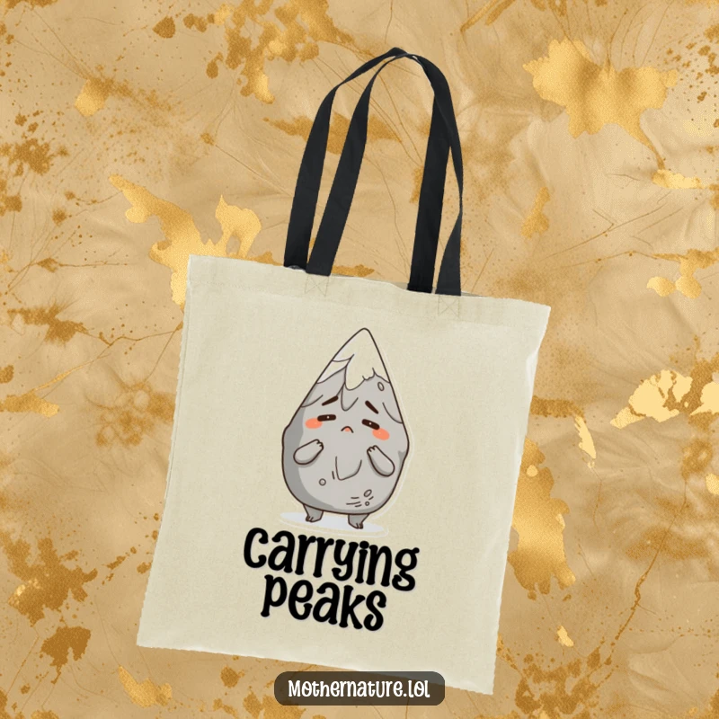 Funny tote bag showing an anthropomorphic mountain character shrugging comically with a bemused expression, perfect for carrying essentials with humor.