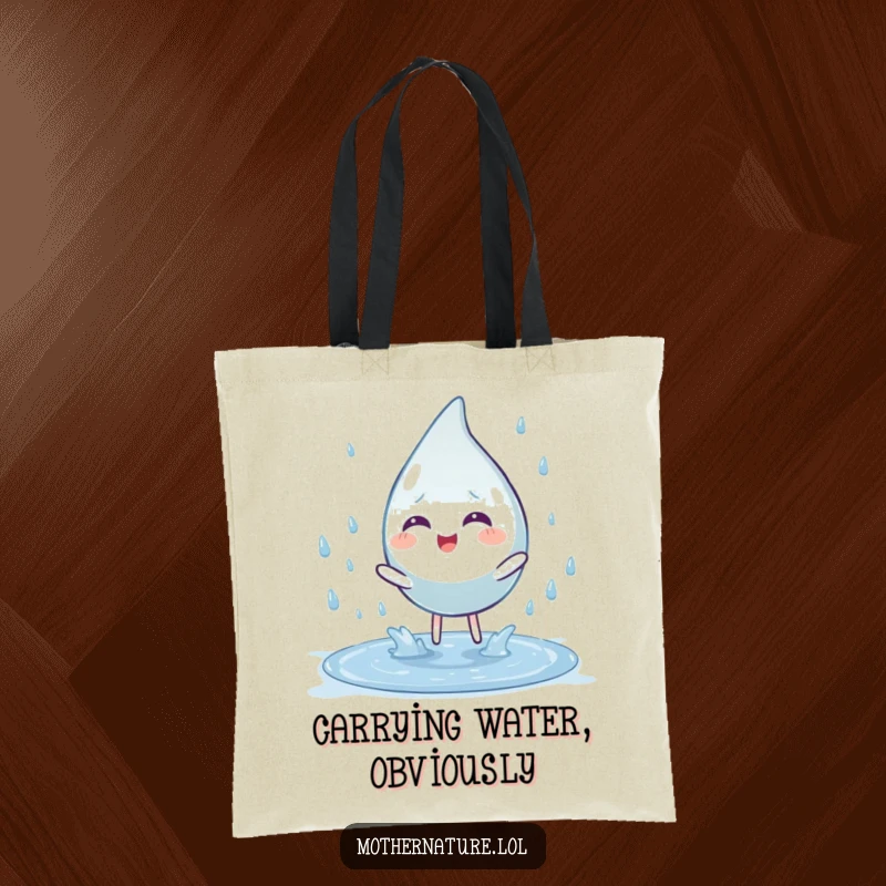 Funny tote bag depicting a playful raindrop character splashing into a puddle. Practical and humorous accessory.