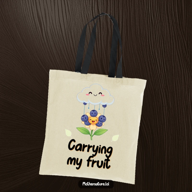 Funny cheerful cloud tote bag, raining smiling blueberries onto a happy flower, whimsical and practical, perfect gift.
