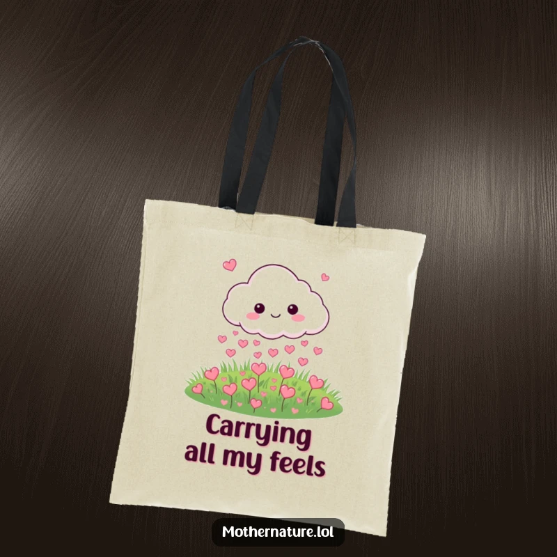 Funny tote bag with a cloud character raining hearts onto a meadow, perfect for carrying love.
