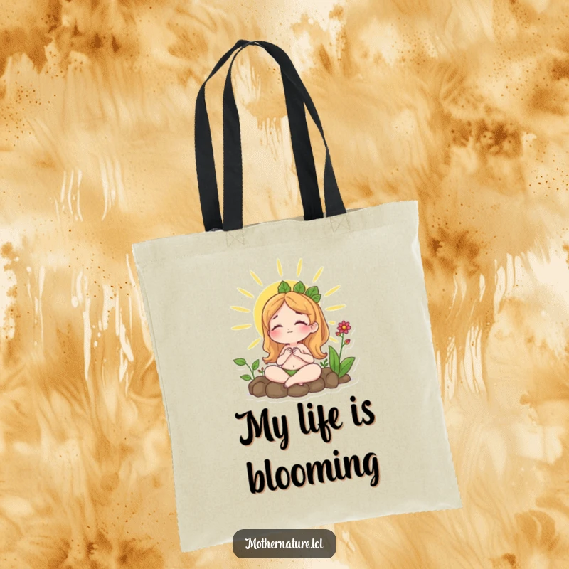 Funny tote bag with Mother Nature sunbathing peacefully surrounded by plants, perfect for carrying daily essentials with a relaxed vibe.
