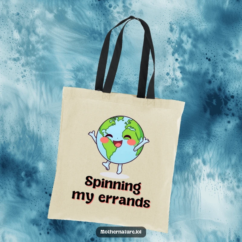 Funny tote bag illustrating a happy little Earth character caught mid-dance, spinning joyfully with its green continents prominently displayed.
