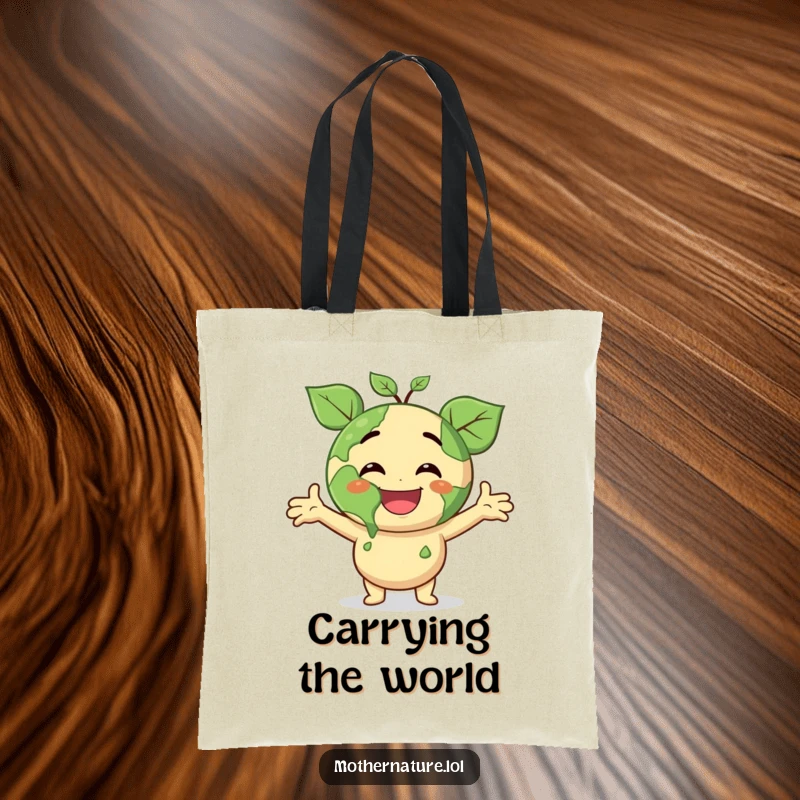 Funny tote bag featuring a smiling Earth character with leafy arms outstretched, beaming with joyous surprise, perfect for carrying green pride.