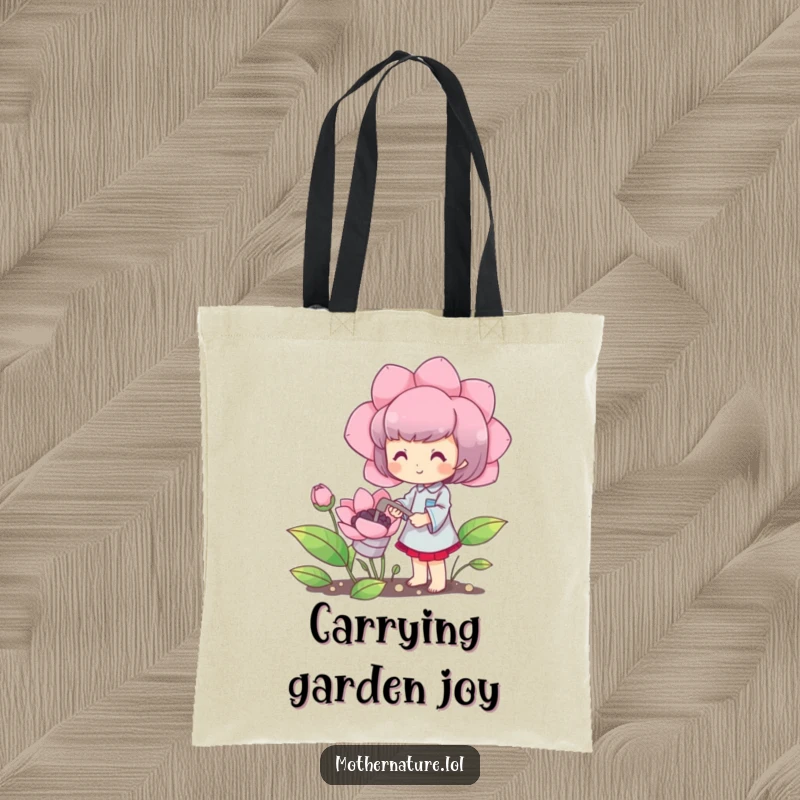 Funny tote bag with a cute character happily watering a blooming oversized flower, humorous and practical accessory.