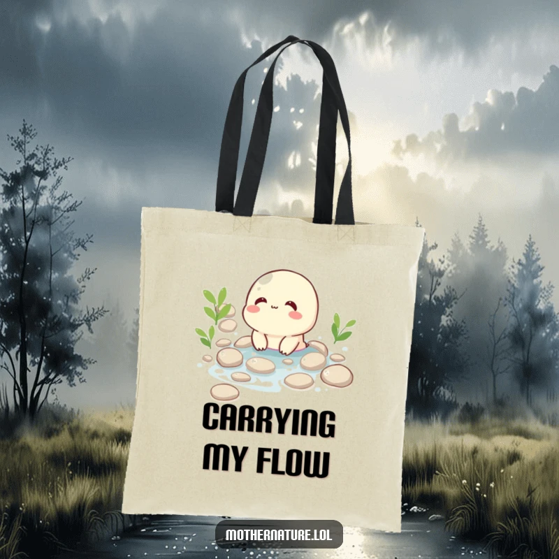 Funny tote bag showing a cheerful brook character giggling as it flows effortlessly over smooth pebbles, perfect for carrying daily essentials.