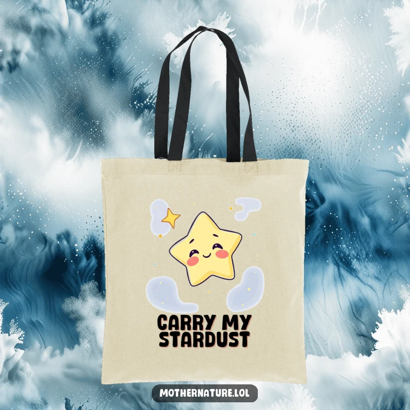 Funny Tote Bag with a giggling star character winking from a dark, star-filled night sky canvas, durable and stylish.