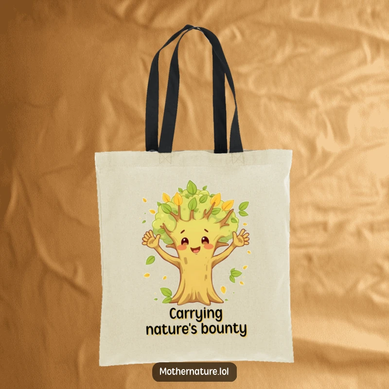 Funny Happy Tree Tote Bag featuring a waving tree character and fluttering leaves, perfect for stylish and humorous everyday carrying.