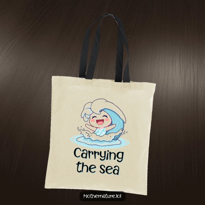 Funny Tote Bag of a joyful wave character laughing and splashing playfully onto a sandy shore.