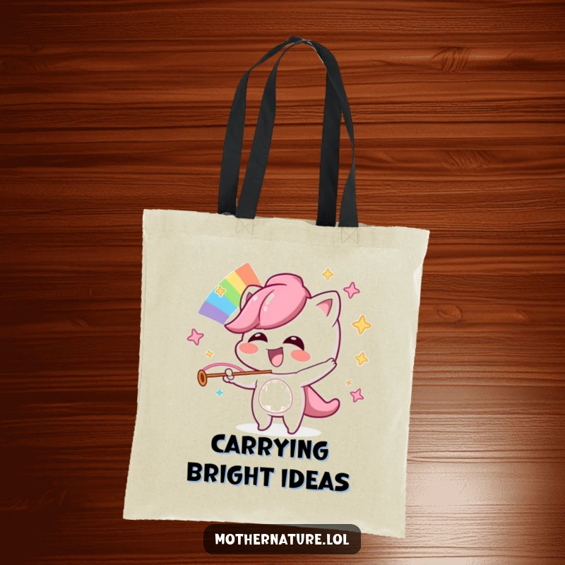 Funny tote bag featuring a mischievous character giggling as they create a vibrant rainbow.