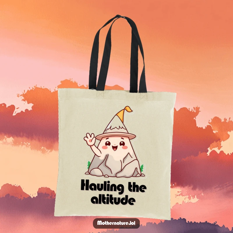 Funny mountain range character tote bag, wearing a silly hat and waving, a humorous and practical accessory.