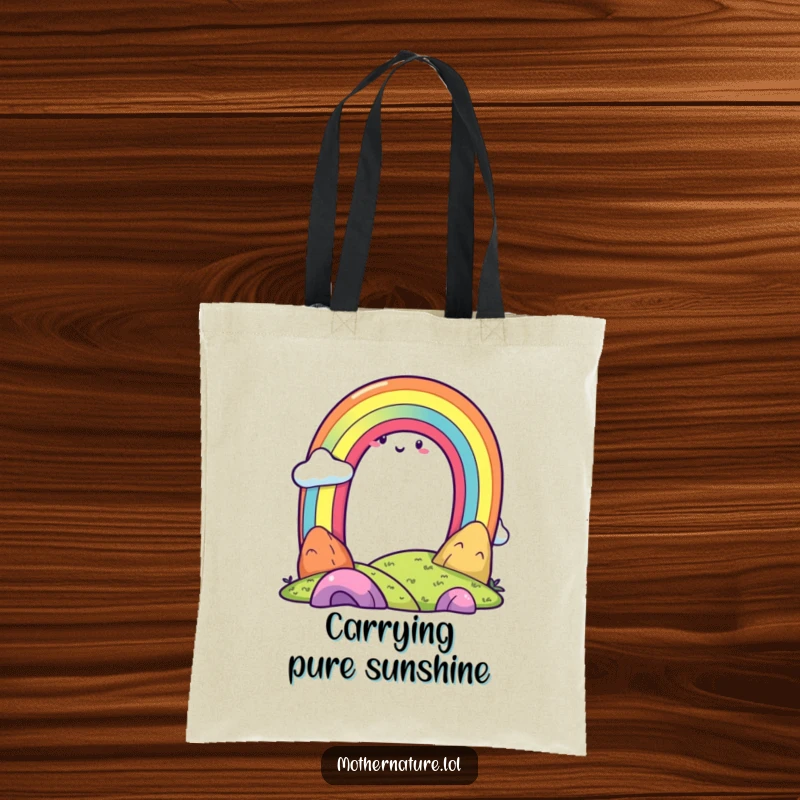 Funny, arching rainbow character and a smiling landscape adorn this sturdy tote bag, ideal for cheerful errands.