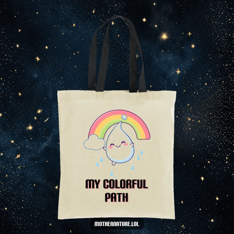 Funny tote bag illustrating a plump, smiling raindrop character gleefully sliding down a bright, colorful rainbow.