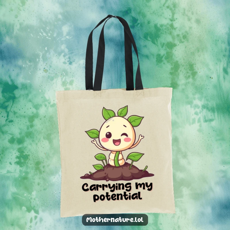 Funny tote bag depicting a cheerful seed character bursting out of the ground. Practical and humorous for gardeners.