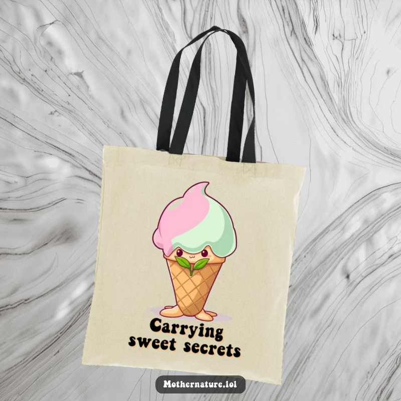 Funny shy sprout tote bag, hiding behind a melting ice cream cone, cute and humorous accessory, practical gift.
