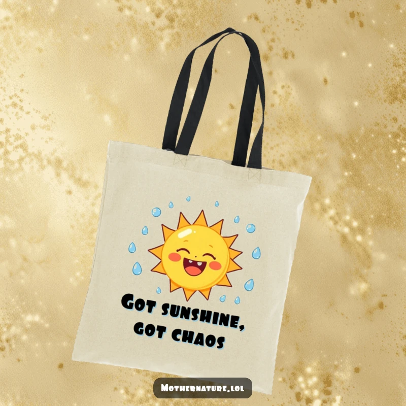 Funny sun character tote bag, happily juggling raindrops with a toothy grin, ideal for carrying essentials with humor.
