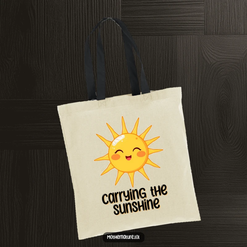Funny tote bag illustrating a cheerful sun character giving a knowing wink while casting warm, golden light rays down upon the earth.