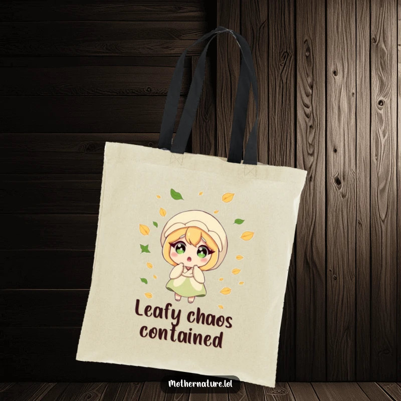 Funny Mother Nature tote bag, surprised character amidst swirling leaves, humorous and practical, excellent funny gift for shoppers.