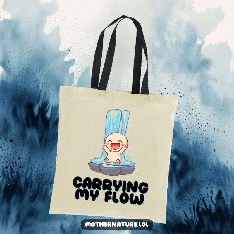 Funny tote bag showcasing a laughing waterfall character in mid-cascade. Ideal for shopping.